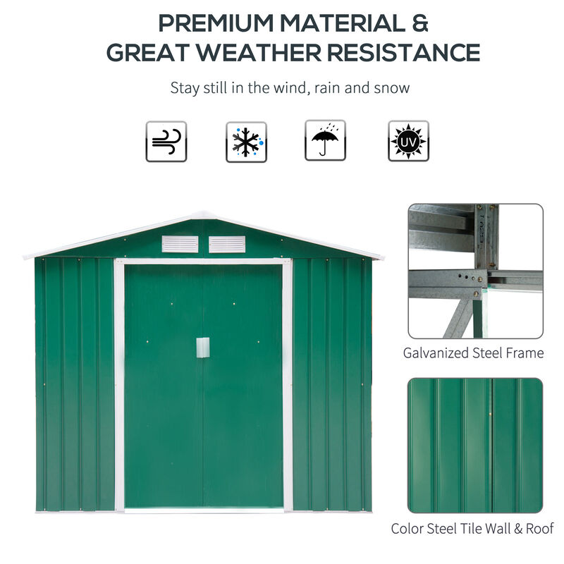 Outsunny 7' x 4' Outdoor Storage Shed, Garden Tool House with Foundation, 4 Vents and 2 Easy Sliding Doors for Backyard, Patio, Garage, Lawn, Green