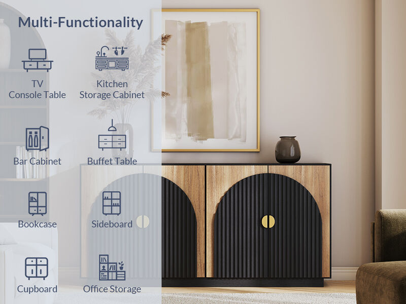 BELLEZE 65 Inch Fluted Buffet Cabinet with Storage, Symmetrical Arc Accent Sideboard Large Console Table for Dining Room, Kitchen, and Living Room (Camel)