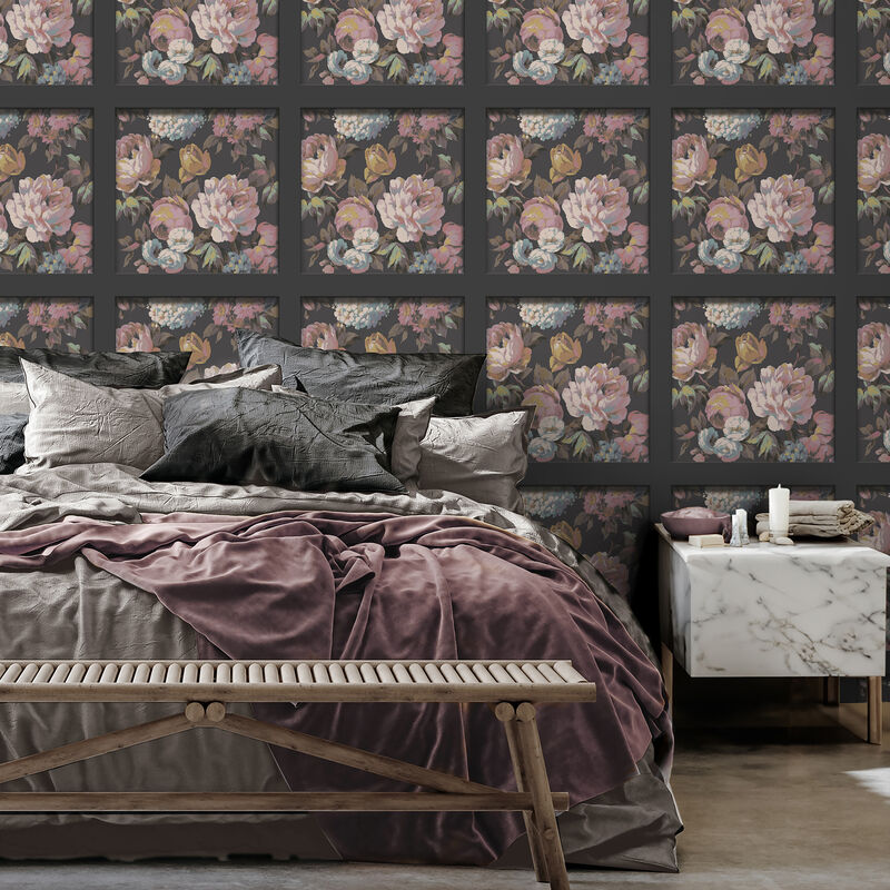 Arlene Black Floral Panel Wallpaper image number 1