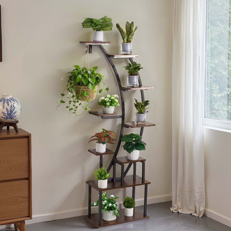 Indoor Plant Stand with LED Grow Lights, 9 Tier Curved Flower Display Rack image number 1