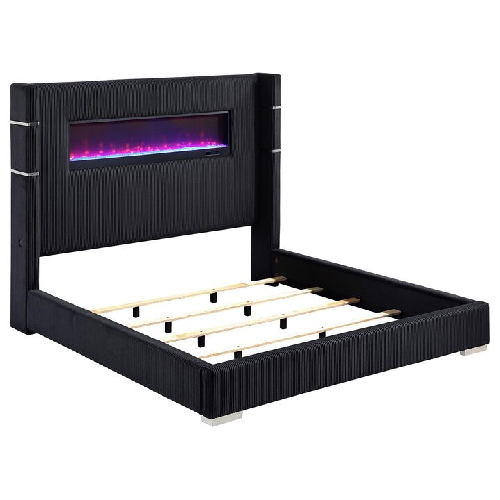 Caro California King Bed, Wingback Panel w LED Flame, Black Upholstery