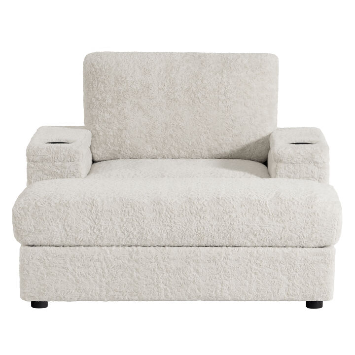 Whisen 42" Oversized Chaise Lounge Indoor,Faux Rabbit Fur Sofa Bed with Storage Ottoman and Armrests,Cup Holders,Upholstered Sleeper Chair