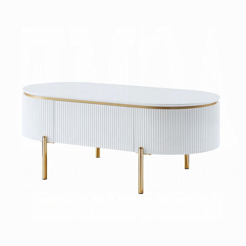 Tyce Oval Coffee Table with Drawer, 47 Inch, Glossy White, Gold Metal