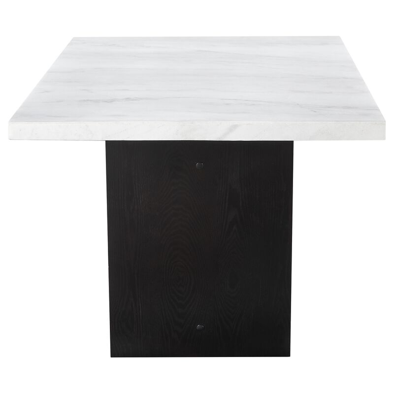 Shoy 72 Inch Dining Table, Rectangular White Marble Top, Trestle, Brown