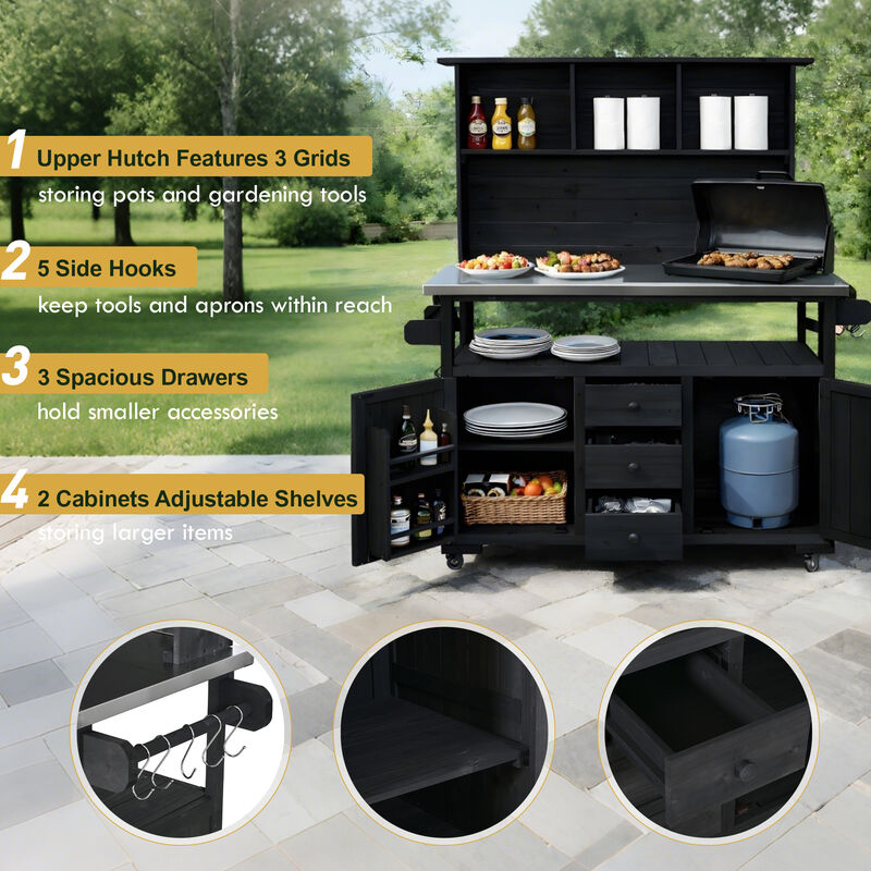 Whisen 65" Solid Wood Garden Potting Table with 3 Drawers & Doors, Stainless Top image number 5