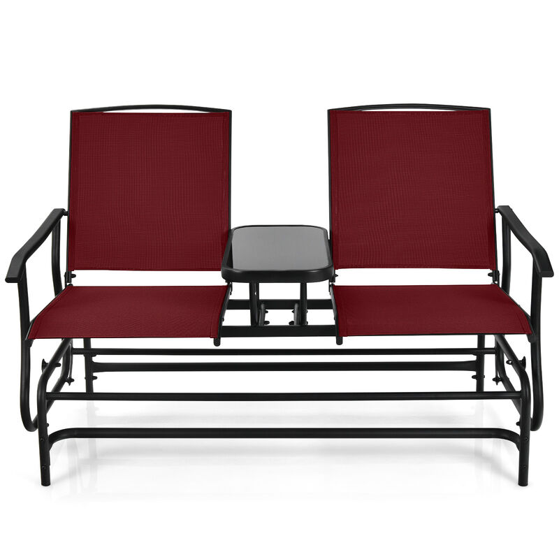 2-Person Double Rocking Loveseat with Mesh Fabric and Center Tempered Glass Table