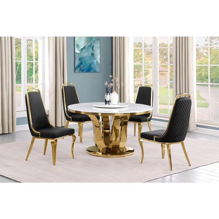 5pc White marble round dining set with gold base and 4 Black side chairs