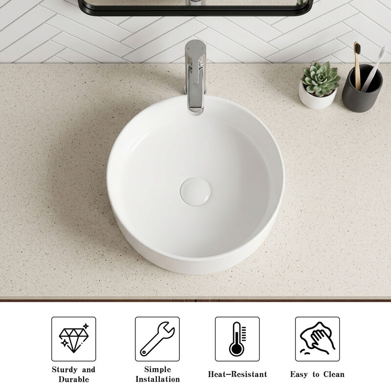 Round Ceramic Vessel Sink, Smooth Glazed Countertop Vanity Art Basin image number 4