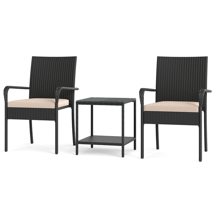 Outdoor 3 Piece Patio Furniture Set with Cushions and Tempered Glass Table