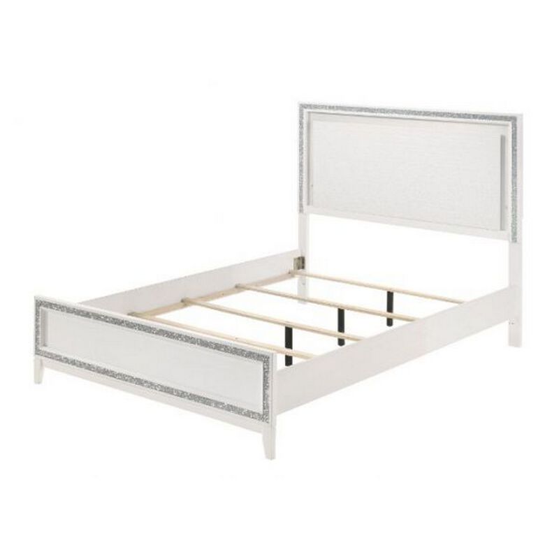 Eastern King Bed with LED Headboard and Shimmering Trim, White - Benzara