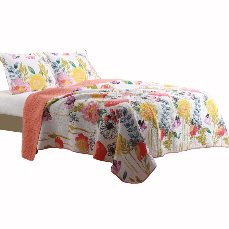 3 Piece Cotton King Size Quilt Set with Stencil Flower Print, Multicolor - Benzara