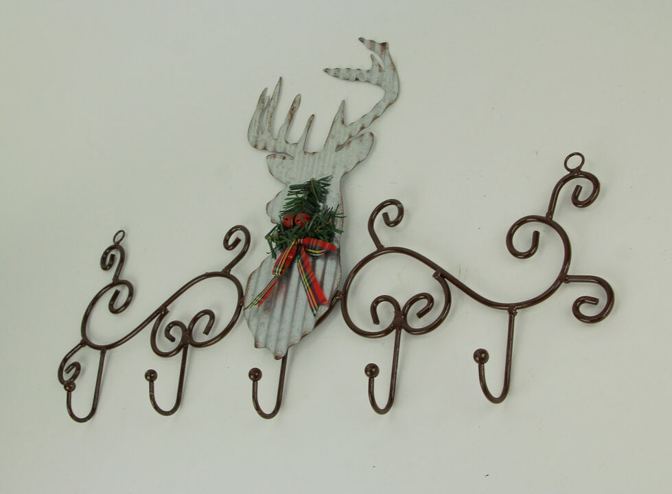 Metal Art Scroll Rustic Deer with Pine and Bow Wall Hook Rack