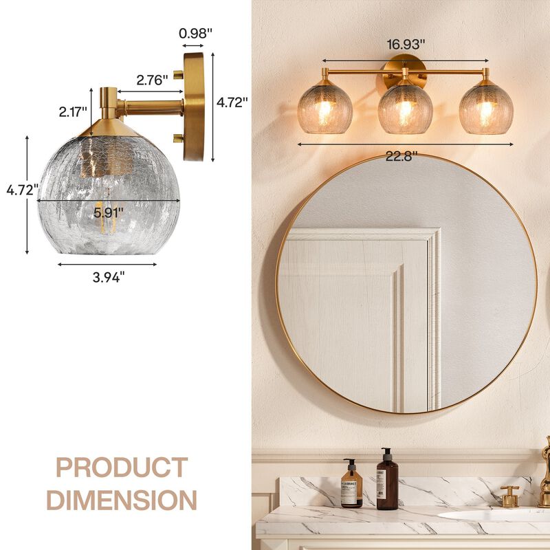 Gold Bathroom Vanity Light, Three-Light Gray Crackle Glass Shades image number 2
