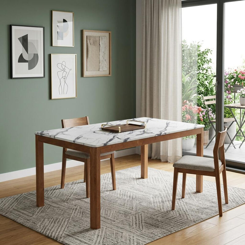 HomeRoots 63" White and Natural Faux Marble and Solid Wood Dining Table image number 1