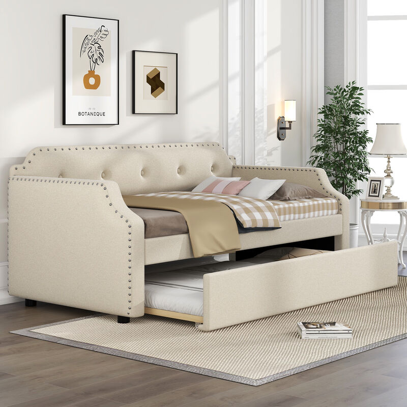 Whisen Twin Size Upholstered Daybed, Sofa Bed with Trundle and Padded Back image number 3