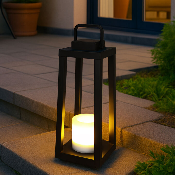 1 Light H16" Modern Matte Black Solar Lantern with Candle Shape Outdoor Light Decorative Portable Hanging LED Lights for Patio Camping
