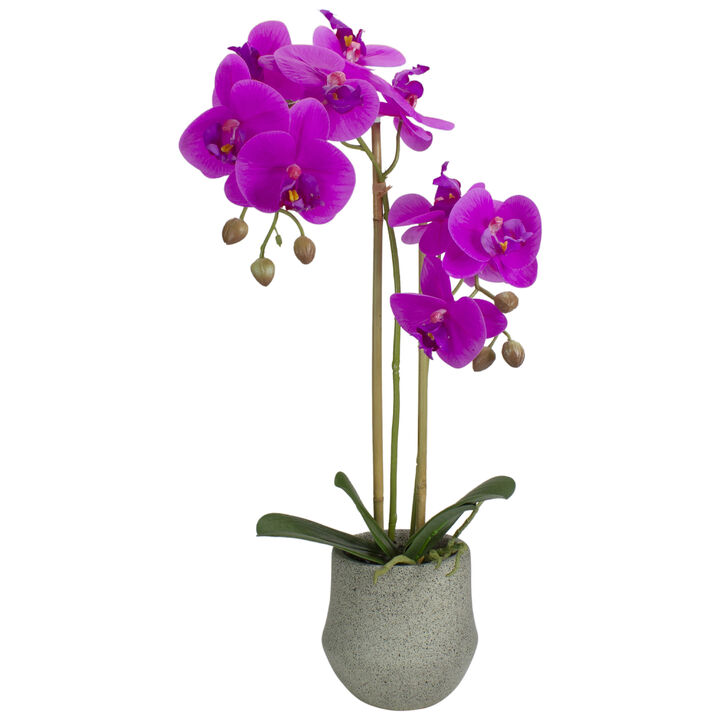 14" Purple Artificial Orchid Plant with a Gray Stone Pot