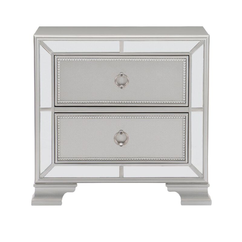 Modern Traditional Style 1pc Nightstand of 2 Drawers Embossed Textural Fronts Silver Finish Bedside Table