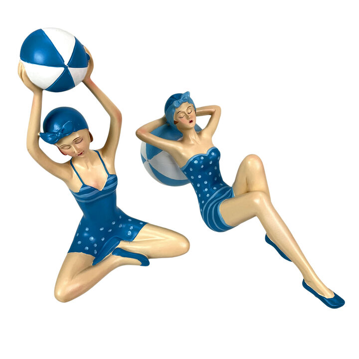 Set 2 Beach Beauties Figurines Aegean Blue Polka Dot Beachball Sunbathing Decor