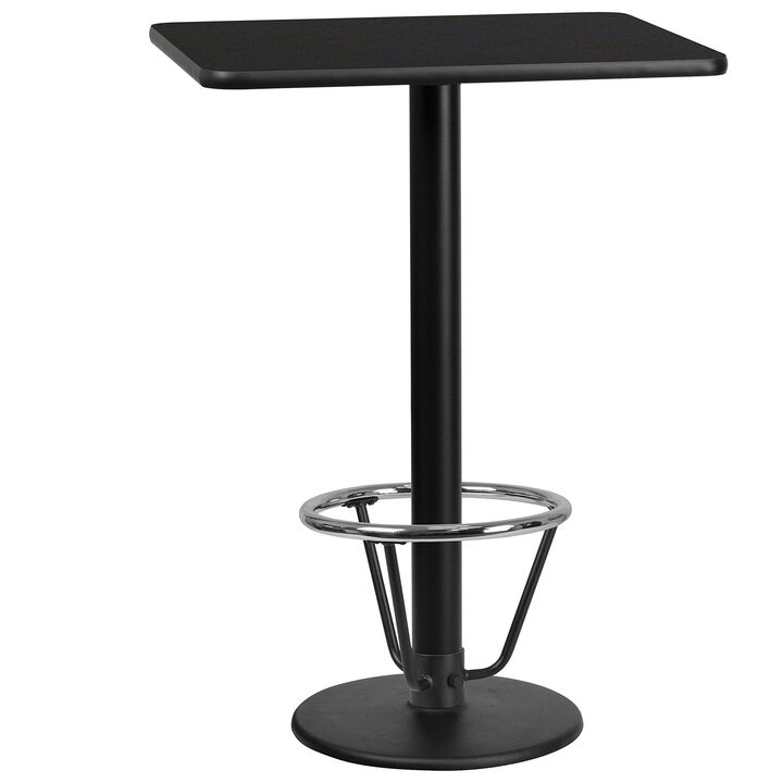 Flash Furniture 24'' x 30'' Rectangular Black Laminate Table Top with 18'' Round Bar Height Table Base and Foot Ring