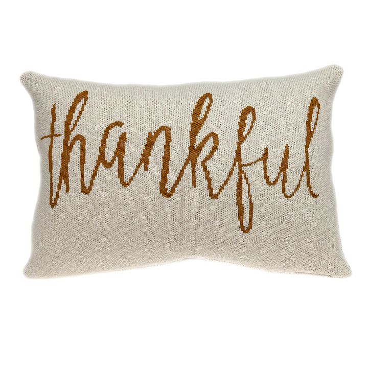 24" Beige and Brown Knitted Thankful Print Rectangular Throw Pillow