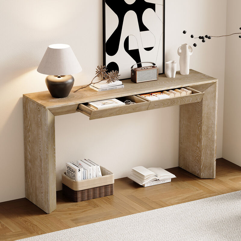 Whisen 60" Modern Farmhouse Console Table with 2 Concealed Drawers, MDF Solid Wood Veneer, Waterfall Edge for Living Room Entryway Hallway image number 3