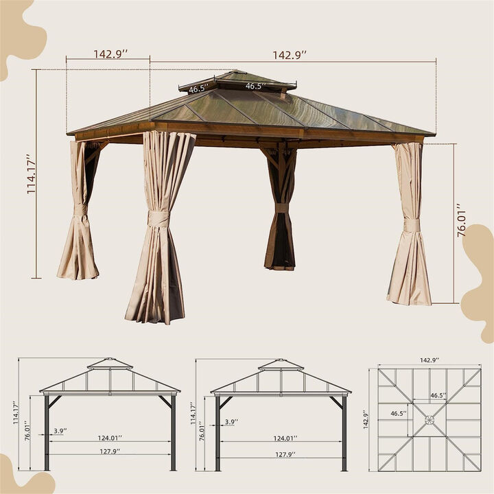 12'x12' Hardtop Gazebo, Permanent Outdoor Gazebo with Polycarbonate Double Roof, Aluminum Gazebo Pavilion with Curtain and Net for Garden, Patio, Lawns, Deck, Backyard(Wood-Looking)