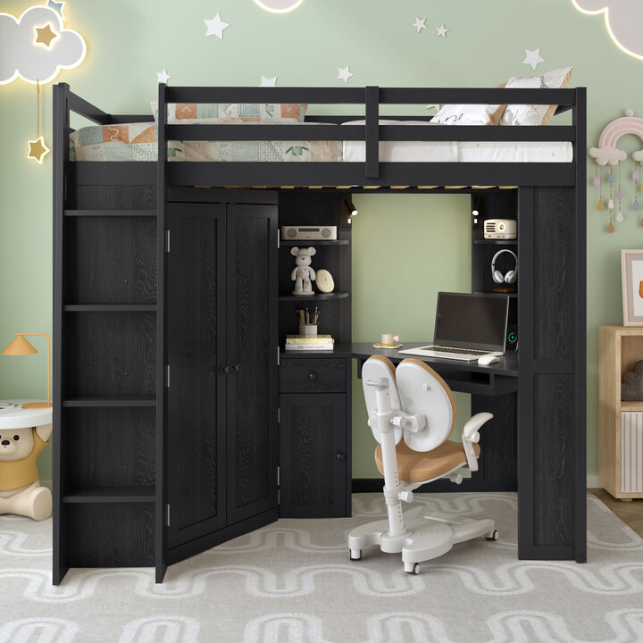 Merax Twin Size Loft Bed with Large Wardrobe, Workstation & Charging Station