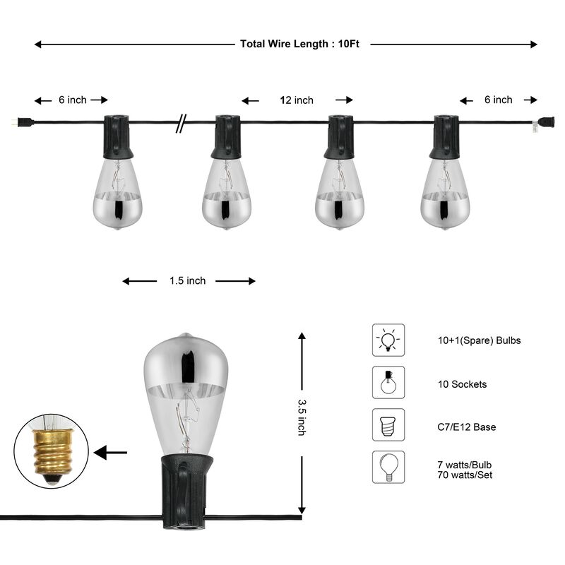 10-Light Indoor/Outdoor 10 ft. Rustic Industrial Incandescent C7 Half-Chrome Bulb String Lights, Black