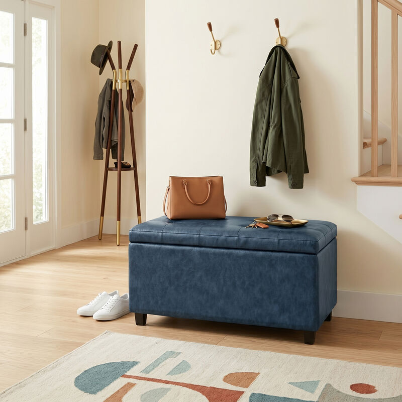Cosmopolitan 34 inch Wide Contemporary Rectangle Storage Ottoman in Denim Blue Vegan Faux Leather, Assembled image number 1