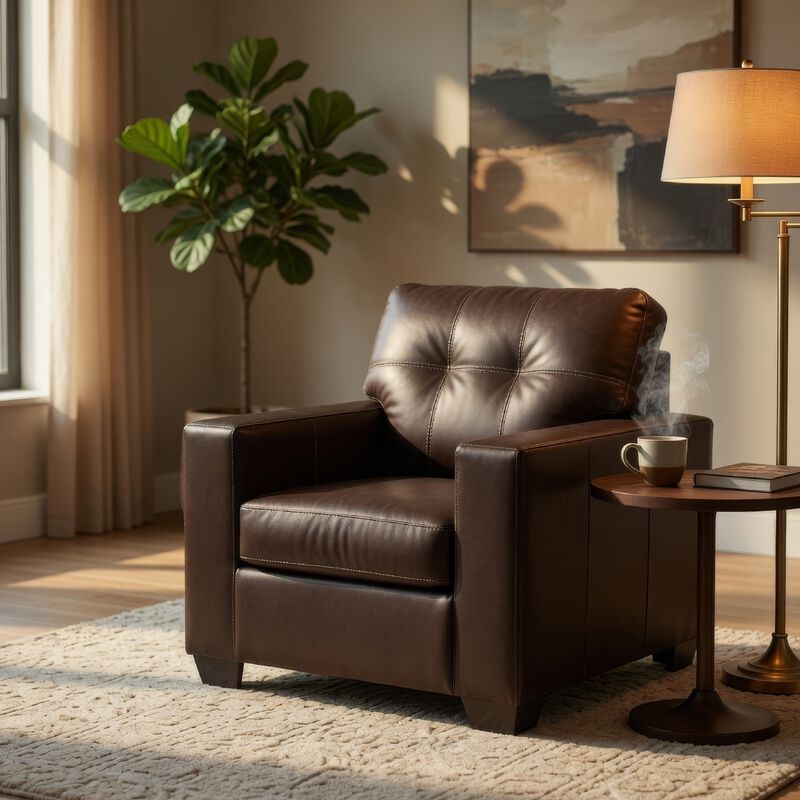 Orion Armchair, Modern Dark Brown Tufted Real and Faux Leather Cushion image number 6