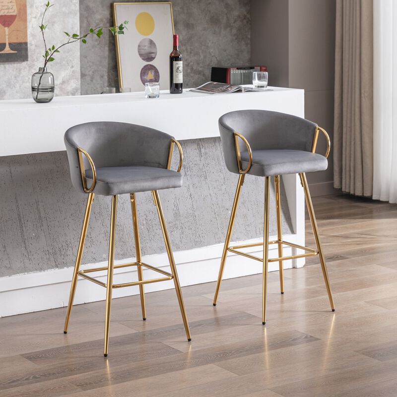 26 Inch Set of 2 Velvet Bar Stools with Chrome Footrest and Golden Base Counter Height Stools image number 8