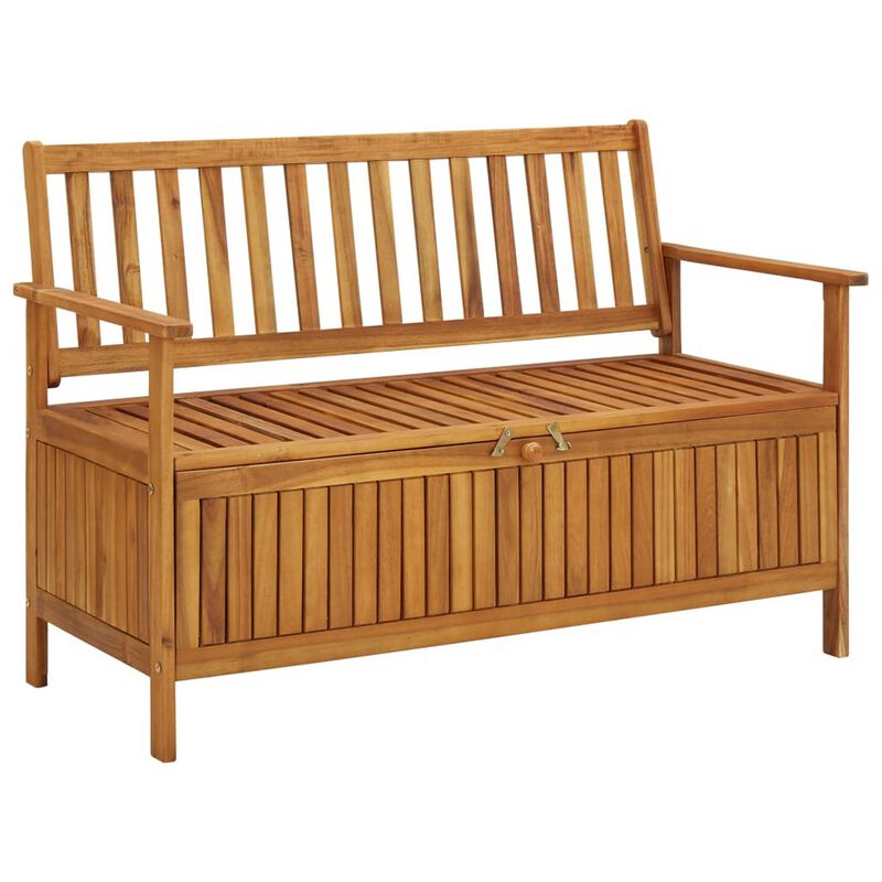 Outdoor Storage Bench, Slatted, 47 Inch Natural Brown Acacia Wood - Benzara