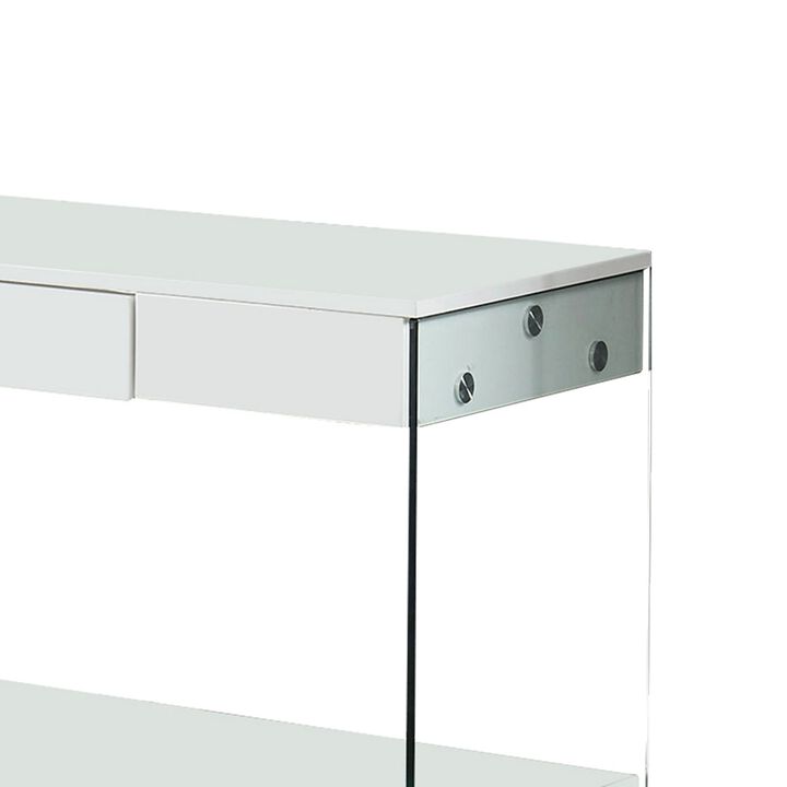 Contemporary Style Plastic TV Stand with Glass Side Panels, White-Benzara