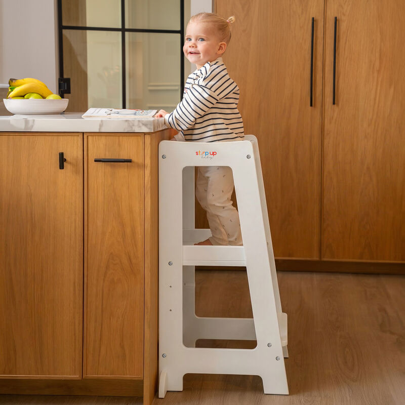 Stepup Baby&reg; Adjustable Toddler Tower - White Wooden Step Stool for Kids | Toddler Standing Tower with Child-safe Chopper & Chopping Board for 18M-4Y image number 6
