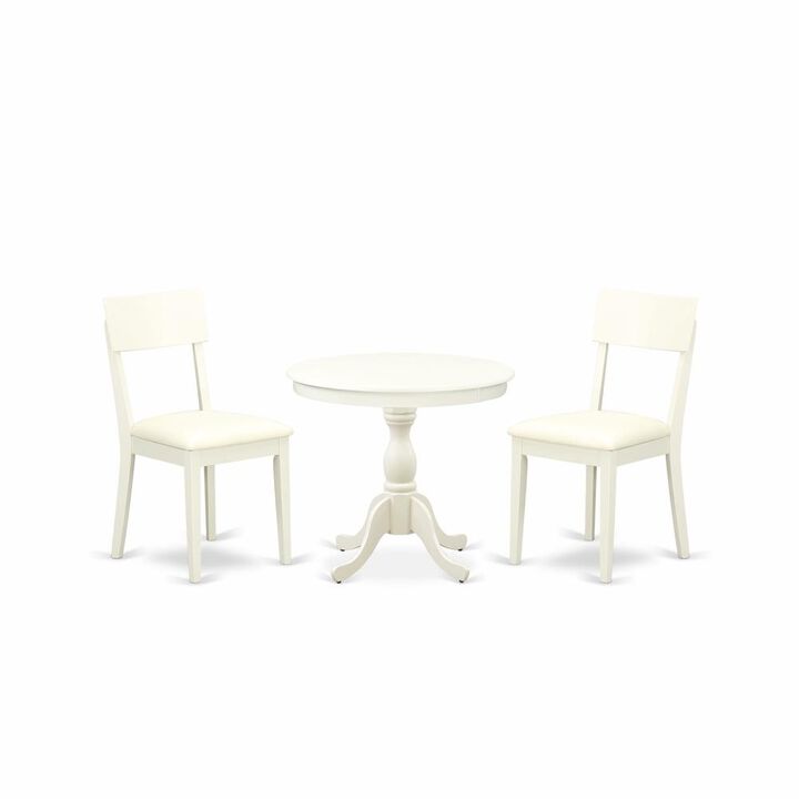 AMAD3-LWH-C 3 Piece Wooden Dining Table Set Includes 1 Dinner Table and 2 Linen White Faux Leather Dining Chairs with Ladder Back - Linen White Finish