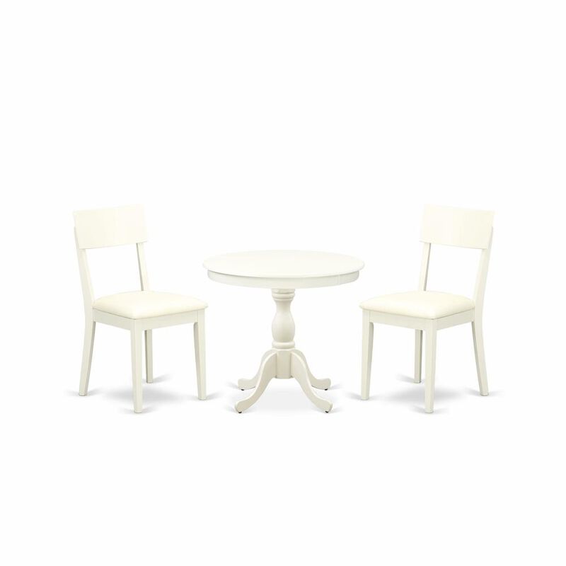 AMAD3-LWH-C 3 Piece Wooden Dining Table Set Includes 1 Dinner Table and 2 Linen White Faux Leather Dining Chairs with Ladder Back - Linen White Finish