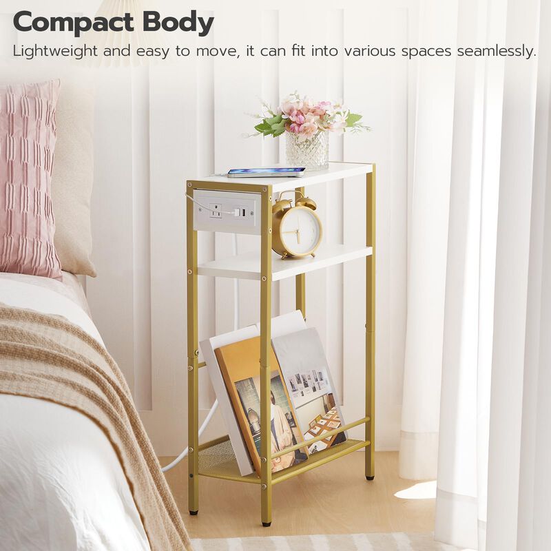 HOOBRO Small Narrow Side Table with Charging Station, Skinny End Table for Small Spaces, Slim Nightstand with USB Ports Outlet,