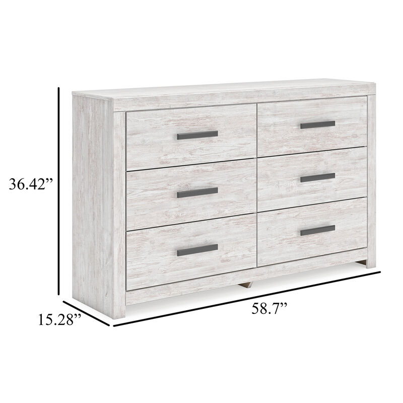 Cany Wide Dresser, 6 Drawers with Black Handles, Vintage Whitewash - Benzara