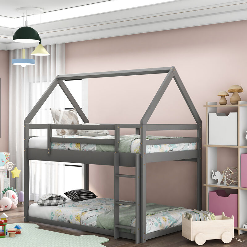 Merax Low Bunk Bed House Bed with Ladder