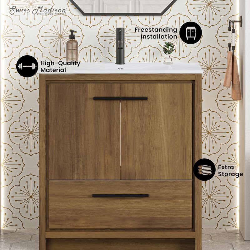Virage 30" Freestanding Bathroom Vanity in Brown Oak with Sink Top image number 1