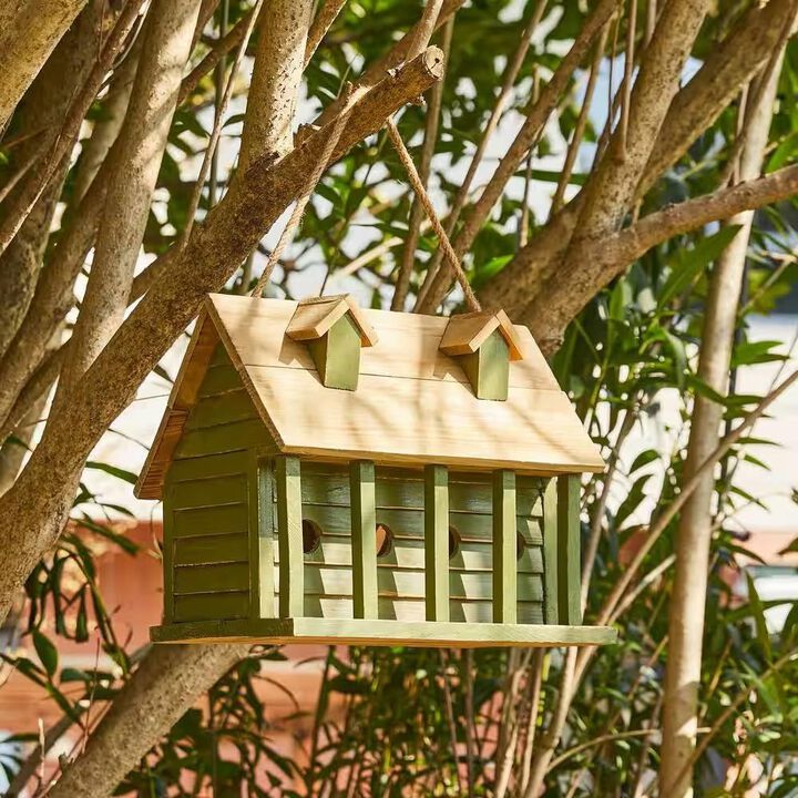 Hivvago Green Wood Garden Bird House with 1 Compartment and 4 Holes