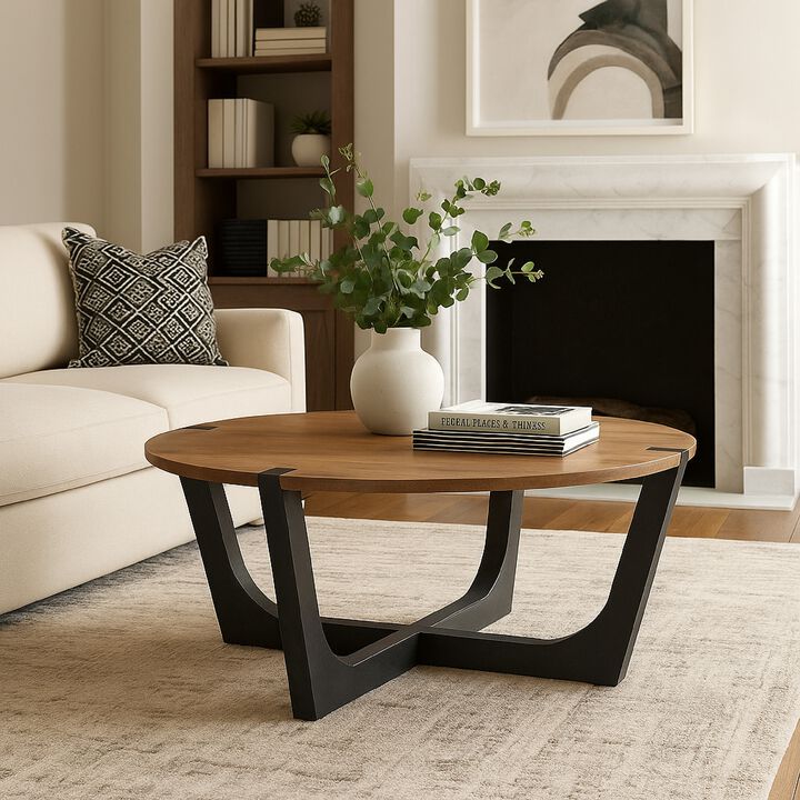 Leyi Round Coffee Table, Angled Legs, 44 Inch Brown Mango Wood