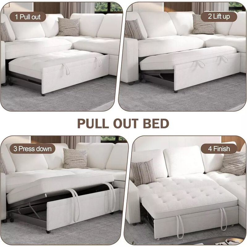 Vipbear 79" 5-Seat L-Shaped Sectional Sleeper Sofa Bed, Chenille Pull-Out Couch with Backrest image number 8