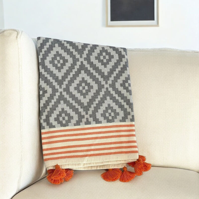 HomeRoots 39" X 71" Gray and Orange Cotton Geometric Turkish Towel Throw Blanket with Tassels image number 1
