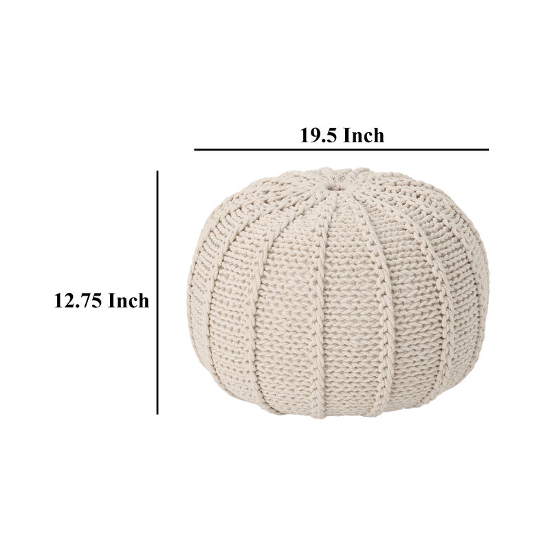 Round Knitted Pouf Ottoman, Handwoven Details, 20 Inch Beige Cotton - Benzara