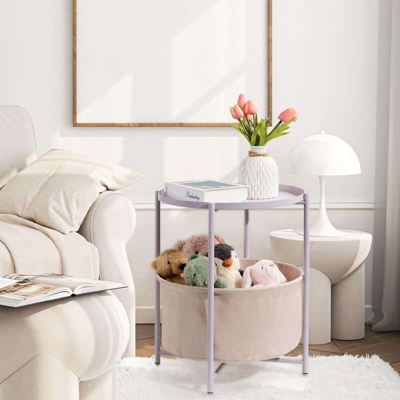 danpinera Round Side Table with Fabric Storage Basket, Metal Side Table Small Bedside Nightstand with Removable Tray Top for Liv