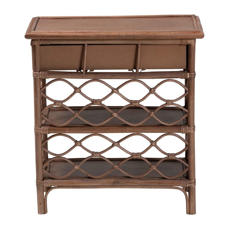 bali & pari Akane Natural Rattan Nightstand with Drawer and Open Shelves – Coastal Bedside Table with Lattice Design, Brown