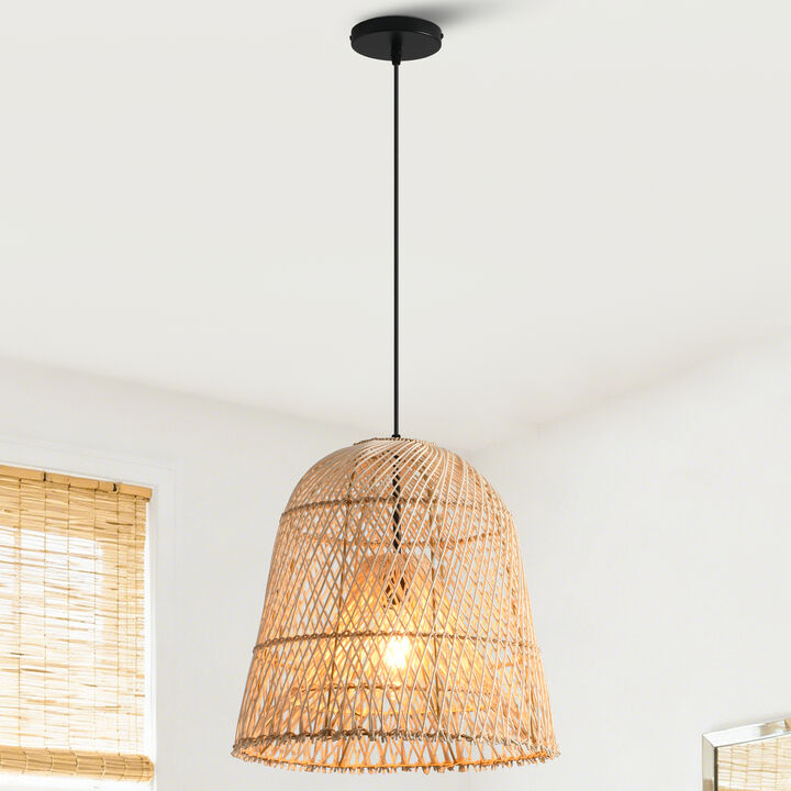 17.7" Bohemian Natural Dome Handwoven Rattan Pendant Light with Adjustable Cord for Bedroom, Living Room or Kitchen Island