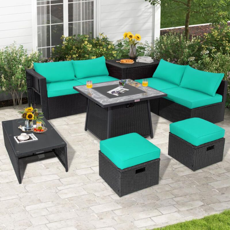 Hivvago 9 Pieces Outdoor Wicker Sectional with 35 Inch Gas Fire Pit Table